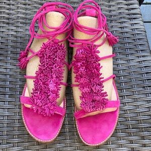 Halogen Eliza flat fuchsia sandal with suede pom Pom detail 9m tie up ankle